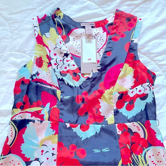 H&M - Pink and Blue Fruit & Flowers Silk Dress - Picture 3 of 12